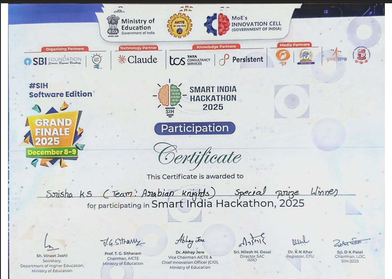 SIH 2025 Winner Certificate